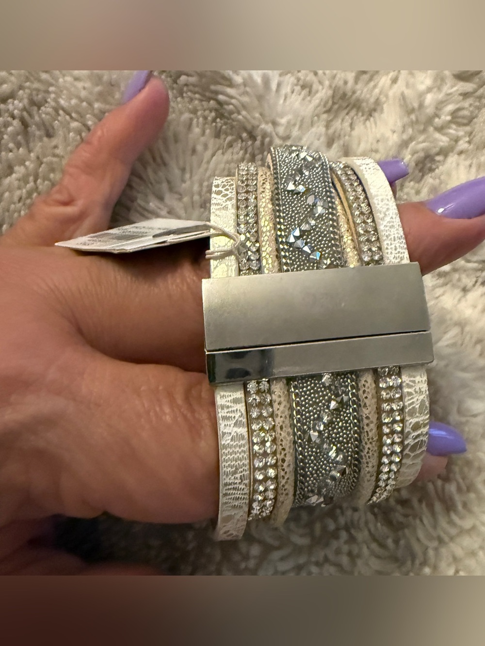 White Multi-Row Wrap Bracelet with Rhinestones - Picture 4 of 5
